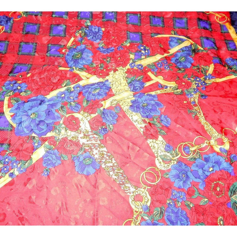 Ricki Freeman For Teri Jon Floral Silk Scarf Navy Red Gold Plaid Korea - Picture 8 of 16